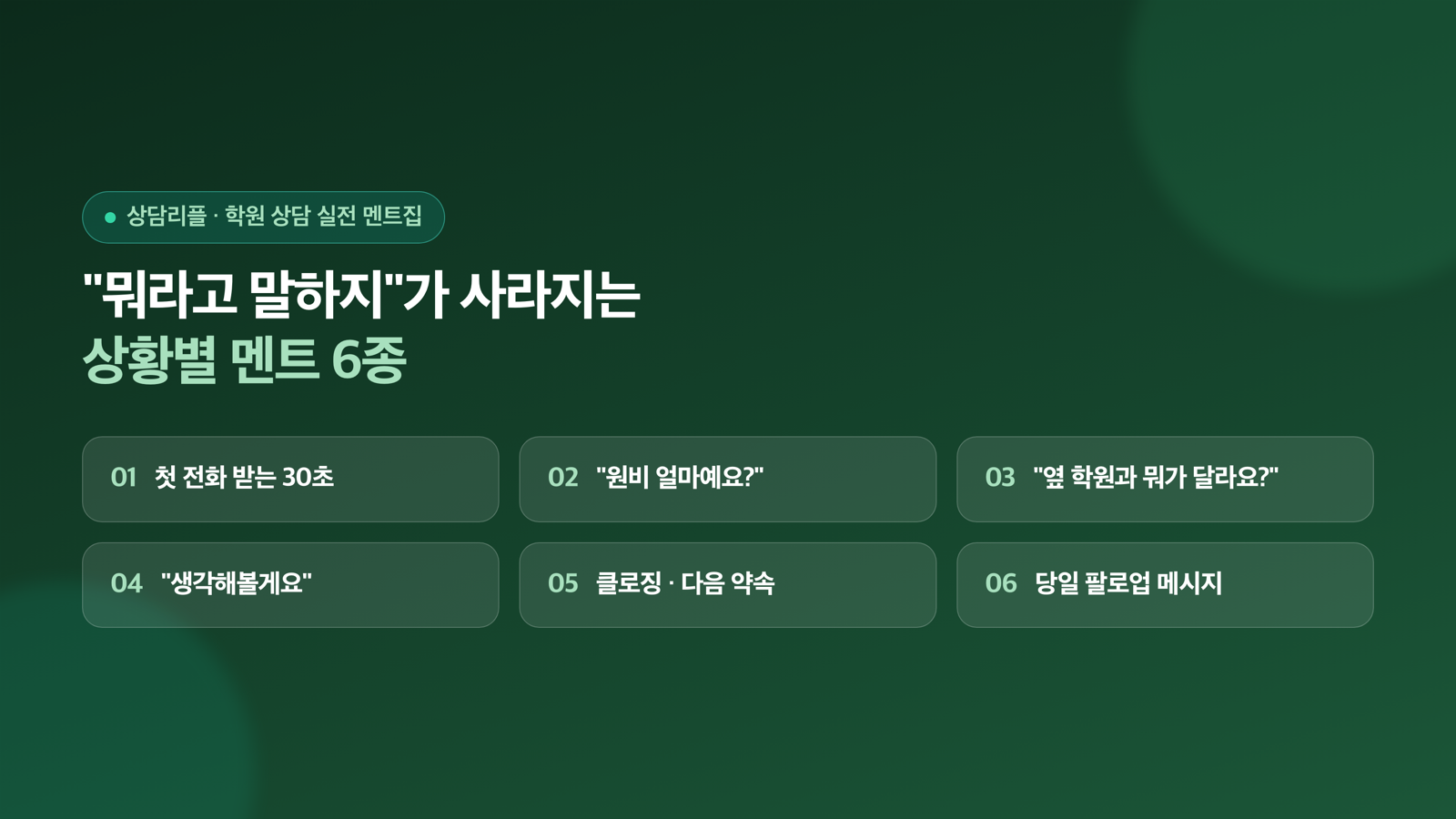 학원 상담 스크립트 대전 — 전화·방문·채팅 상황별 실전 멘트집