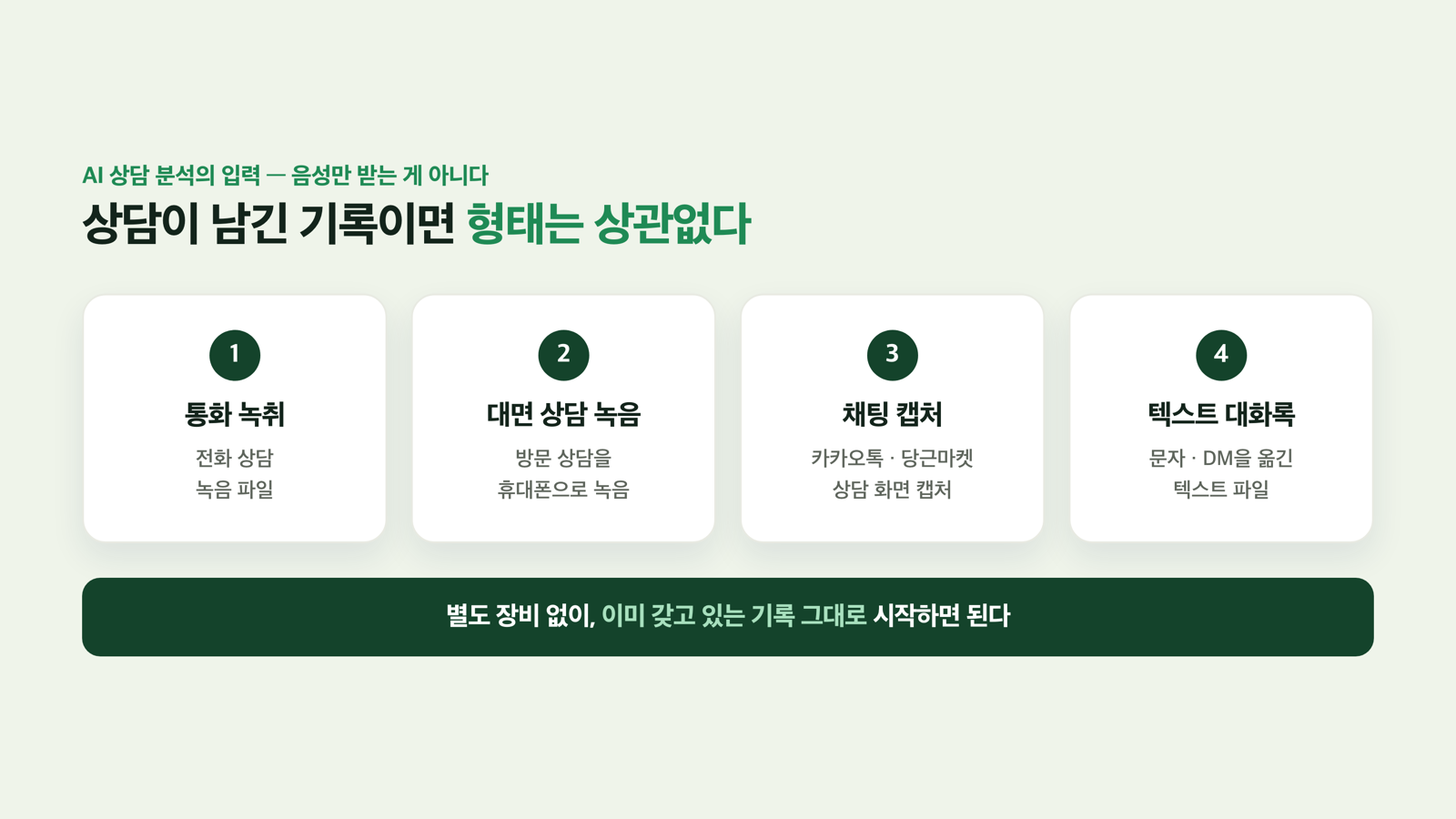 입력 4종 — 상담이 남긴 기록이면 됩니다